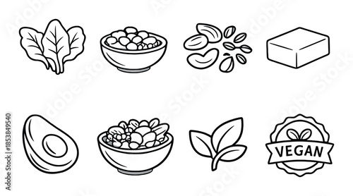 Vegan food icons: spinach, bowls, nuts, tofu, avocado, badge