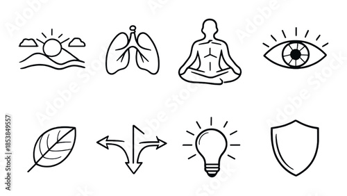 Set of minimalist icon designs: nature, health, meditation, vision, and more