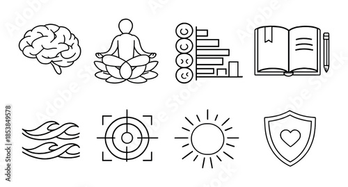 Mindfulness and learning icons with brain, meditation, and book symbols