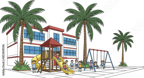 Kids Playing on Tropical School Playground Vector Illustration, Children on Slide and Swing Set, Primary Education Building with Palm Trees, Outdoor Fun Activity
