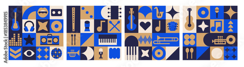 Abstract festival poster with music mosaic pattern for jazz concert background.