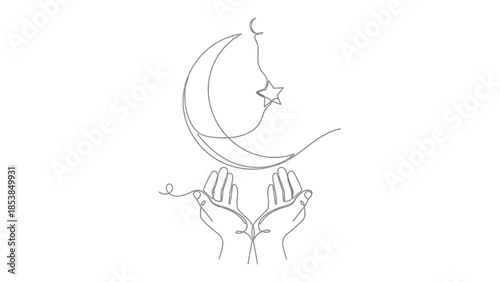 Islamic crescent moon, star, and praying hands line art