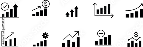 Growth icon set. gain, improvement, grow, chart, increase, evolution and development icons. Solid icon collection. 