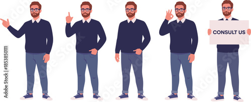Business consultant male character illustration set, professional man in casual outfit, multiple poses, gestures, flat vector isolated
