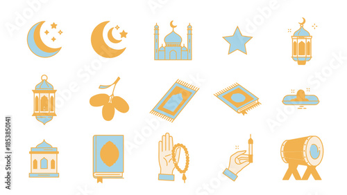 Islamic Icons Set: Ramadan, Eid, Prayer, Mosques, Quran, Dates, Lanterns