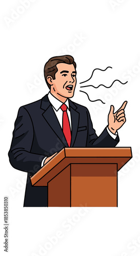 Man in suit speaking at podium with hand gesture.
