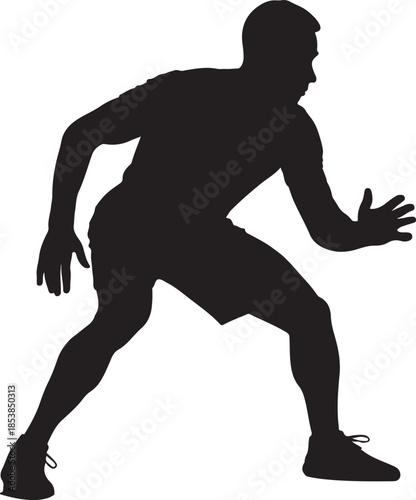 Silhouette of a male athlete in a defensive sports stance. Vector illustration of a man in a ready position for basketball or fitness.