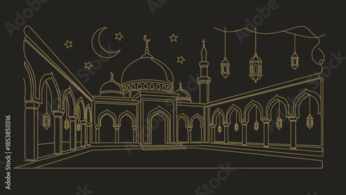 Islamic Mosque Architecture Line Art with Crescent Moon, Stars, and Lanterns on Black Background