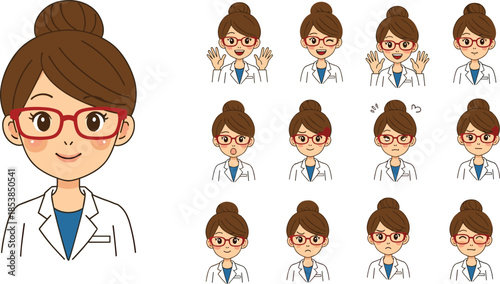 Female doctor avatar expressions set, cute medical professional character emotions, cartoon nurse illustration, flat vector isolated white background design pack