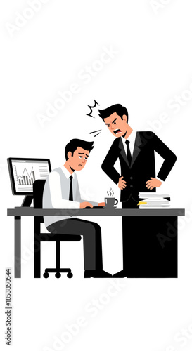 Angry Boss Scolding Employee at Desk in Office.