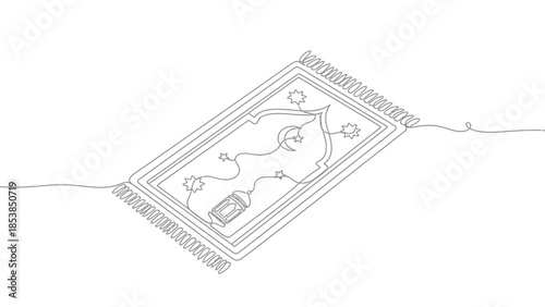 Islamic prayer rug with crescent moon and lantern in continuous line art style