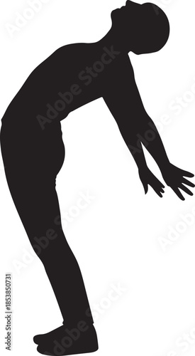 Man doing yoga backbend stretch silhouette. Male figure arching back exercise vector illustration.