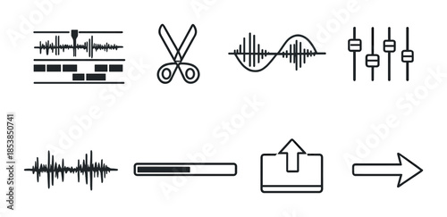 Audio editing icons: scissors, sound waves, equalizer, progress bar, upload arrow