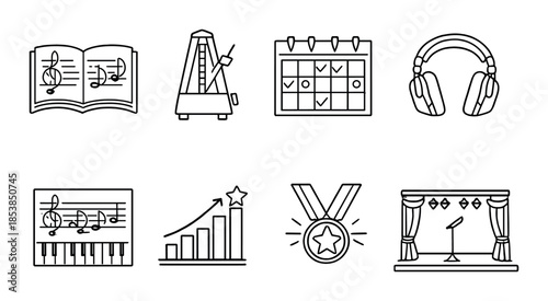 Music elements design featuring metronome, sheet music, calendar, and stage icons