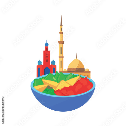 Colorful flat illustration combining traditional middle eastern architecture with a vibrant bowl of fresh food ingredients