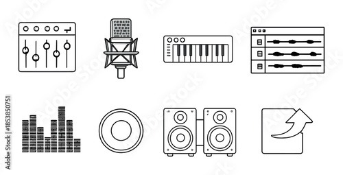 Music production equipment icons: mixer, microphone, keyboard, audio controls