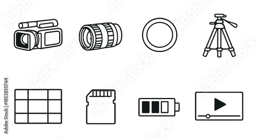 Photography equipment icons: camera, lens, tripod, memory card, battery, video, grid