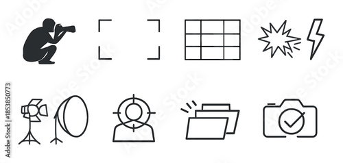 Photography icons set with camera, flash, and grid elements on gray background
