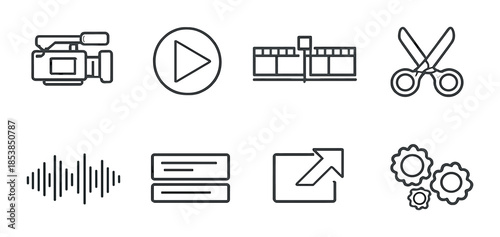 Monochrome video editing icons: camera, play, scissors, sound, export, settings