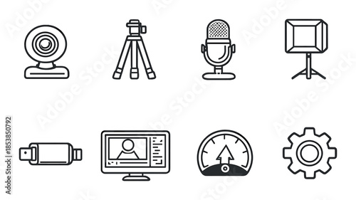 Set of digital media icons: webcam, microphone, tripod, light, usb, monitor, speedometer, gear