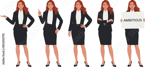 Professional businesswoman character set, confident female leader in black suit, presentation poses, ambition concept, flat vector illustration isolated