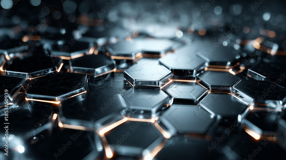 Obraz premium Glowing Hexagonal Pattern With Golden Light on Dark Surface