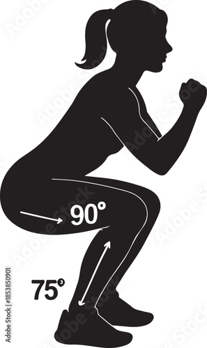 Side View Silhouette of Woman Squatting with 90 and 75 Degree Angle Markers for Proper Exercise Form and Biomechanics