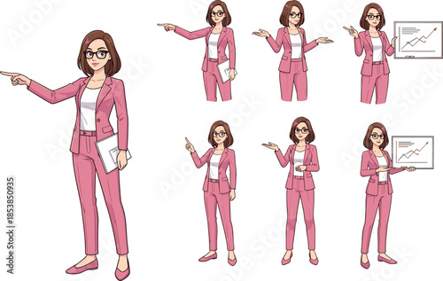 Professional businesswoman character set, female office manager presenting charts, pointing gestures, corporate presentation poses, modern flat illustration style isolated white
