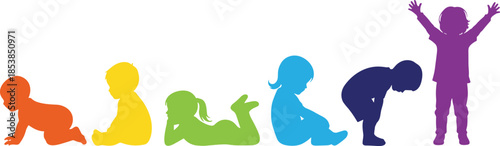 Colorful child development silhouettes, baby crawling, toddler sitting, motor skills growth, early childhood stages, rainbow figures, physical milestones, learning movement