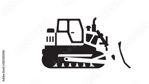 Black silhouette bulldozer on rugged terrain completing earthwork at construction site.