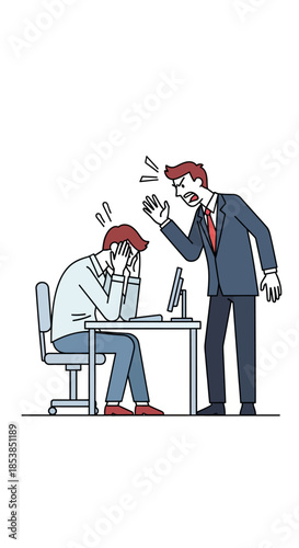 Angry Boss Scolding Employee at Desk in Office.