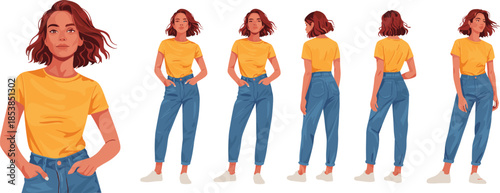 Young woman casual outfit character turnaround, female fashion illustration set, front side back views, modern flat vector isolated design