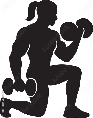 Strong Woman Silhouette Doing Dumbbell Lunge Exercise Isolated on White