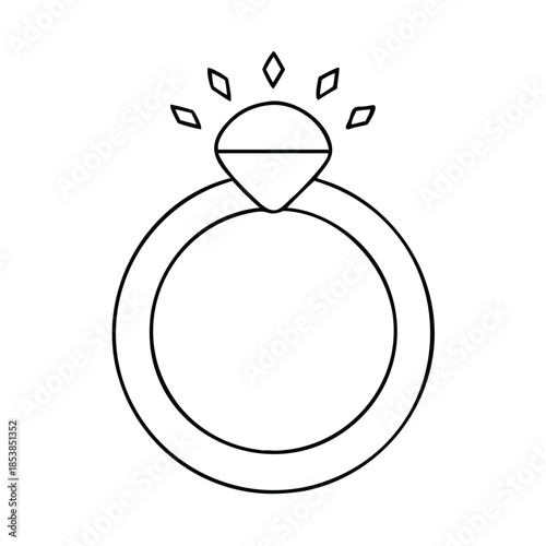 Simple black and white outline icon representing a sparkling diamond engagement ring ready for wedding celebration
