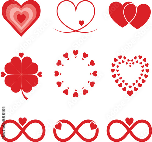 Set of Decorative Red Heart Shapes and Infinity Symbols Including Heart Clover and Interlocked Hearts for Valentine Graphic Design.