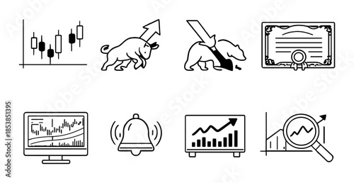 Financial market icons featuring bullish trends and investment themes