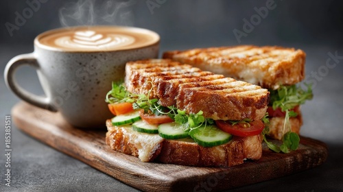 Delicious grilled sandwich with fresh vegetables and a cup of coffee
