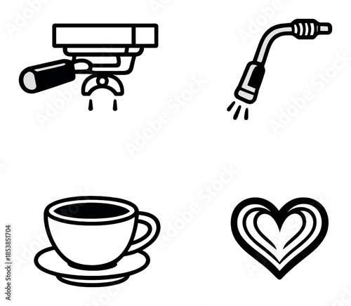 Minimalist coffee icons: espresso machine, milk frother, cup, heart motif