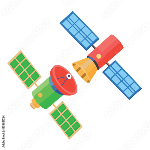Cartoon illustration of two colorful communication satellites approaching each other for orbital docking maneuvers