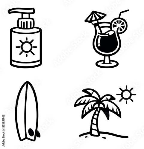 Summer essentials icons: sunblock, tropical drink, surfboard, palm tree scene