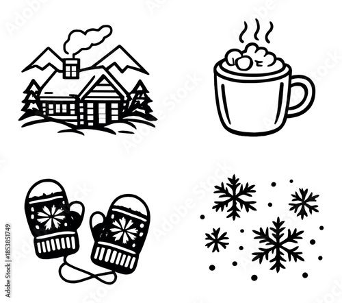 Cozy cabin retreat with hot cocoa, mittens, and snowflakes embracing winter's charm