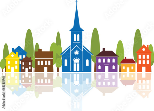 Colorful town skyline illustration with church, houses, trees, and reflections representing community, neighborhood life, architecture, harmony, and urban landscape design