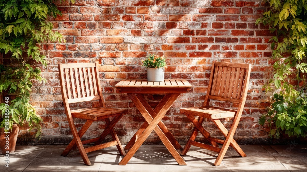 Obraz premium Wooden patio set with a brick wall background