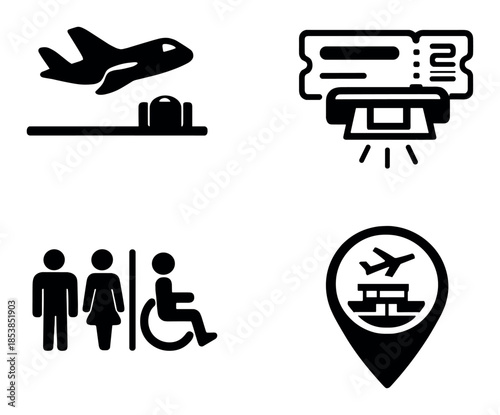 Airport travel icons: airplane, tickets, restroom, location marker on gradient background