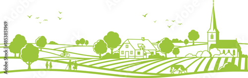 Green countryside village illustration with church, farmhouse, trees, fields, birds, and rolling hills representing rural life, nature, sustainability, and peaceful scenery