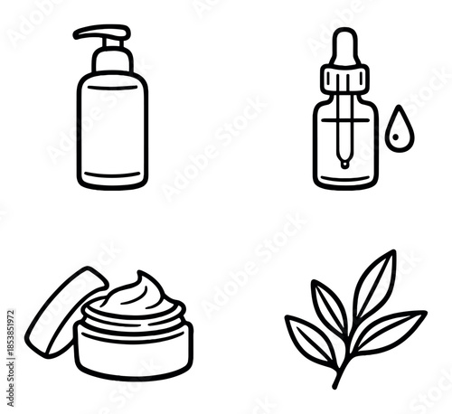 Minimalist skincare icons - bottle, dropper, cream, leaf on gray background