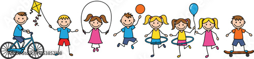 Happy children playing together cartoon illustration with toys, balloons, skipping rope, bicycle, and skateboard representing friendship, fun, and childhood joy