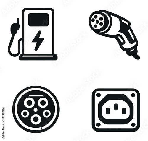 Electric vehicle charging icons: station, plug, connector, outlet on gray