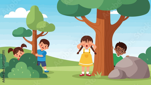 Children playing hide and seek in a park.