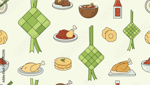 Ketupat and Hari Raya Festive Food Seamless Pattern